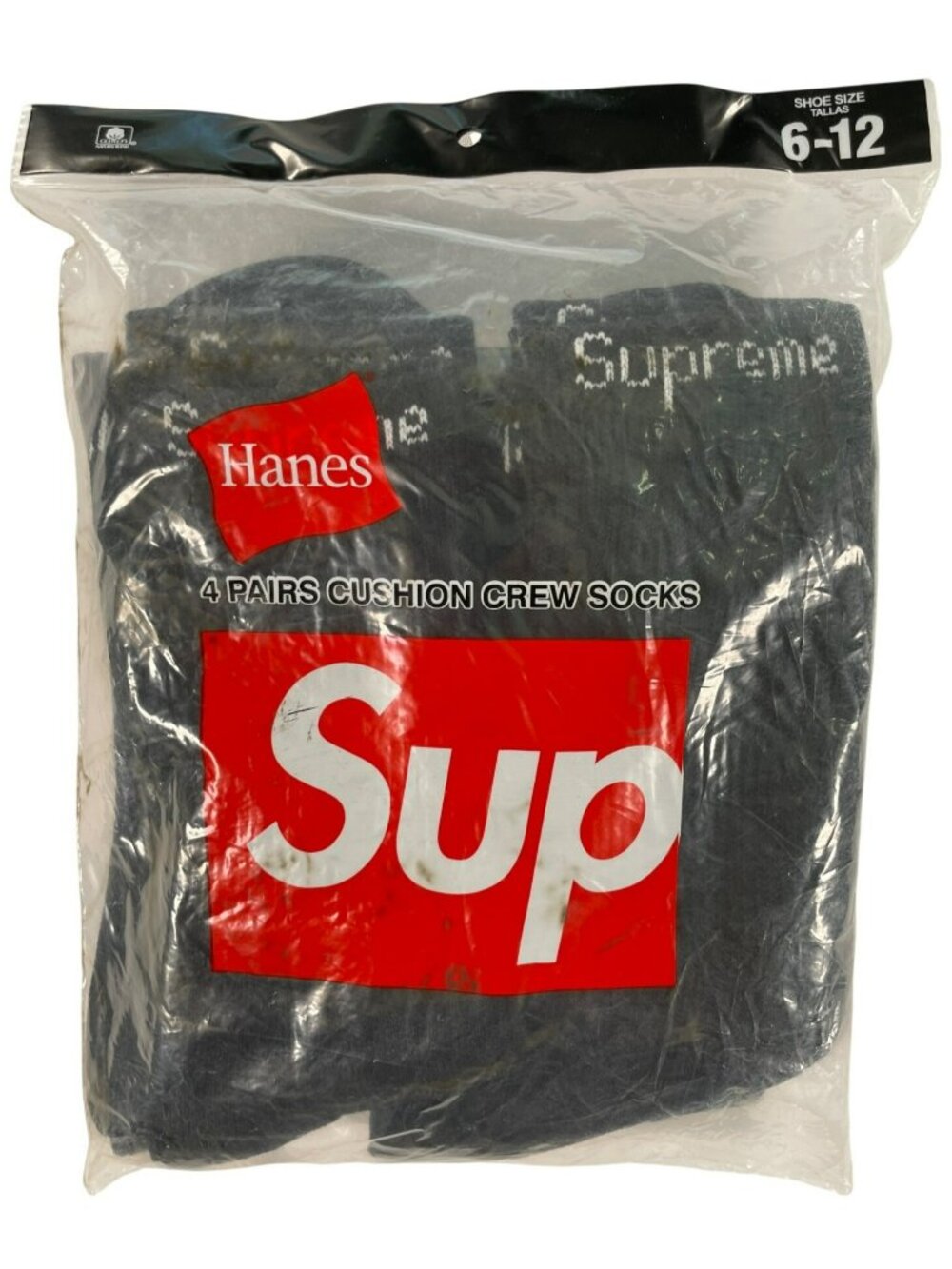 Supreme x Hanes Crew Socks 4 Pairs Cushion Black Crew Socks Shoe Size 6-12 NEW
